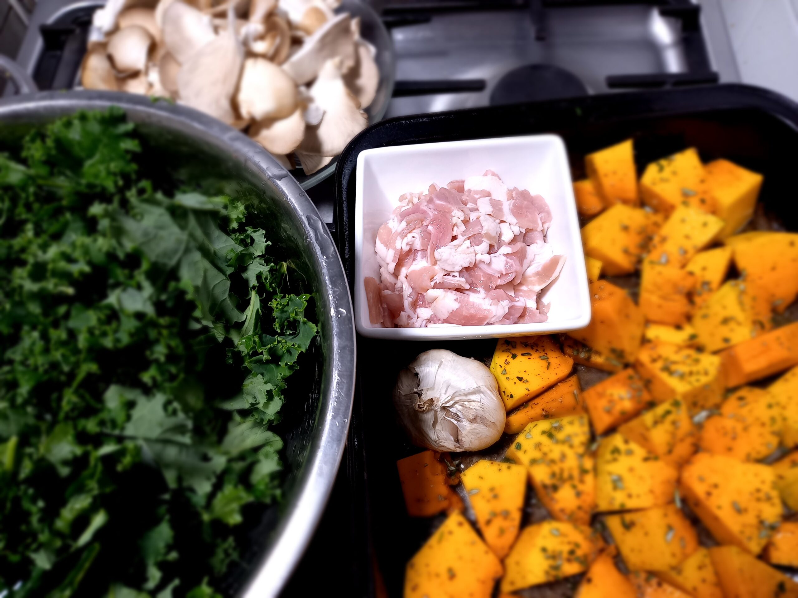 Bacon, pumpkin, oyster mushrooms and kale