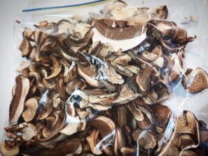 dried, sliced porcini mushrooms in a zip lock bag