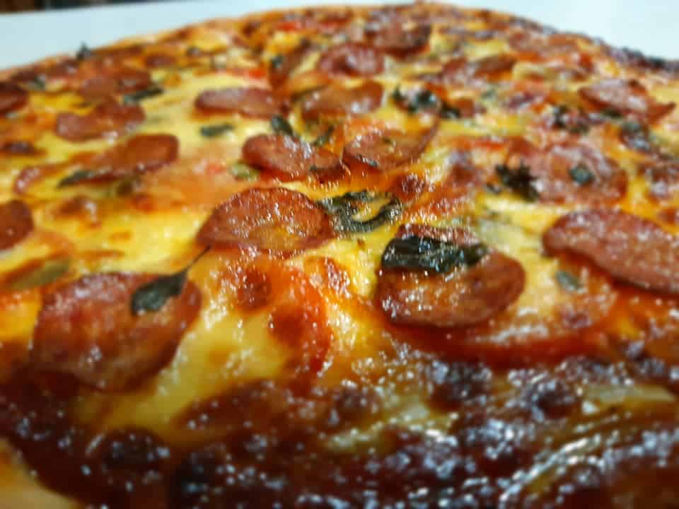 Close up of a pepperoni pizza