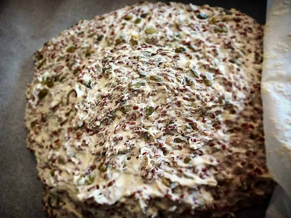 Sunflower seed crisp bread dough in a stainless steel bowl
