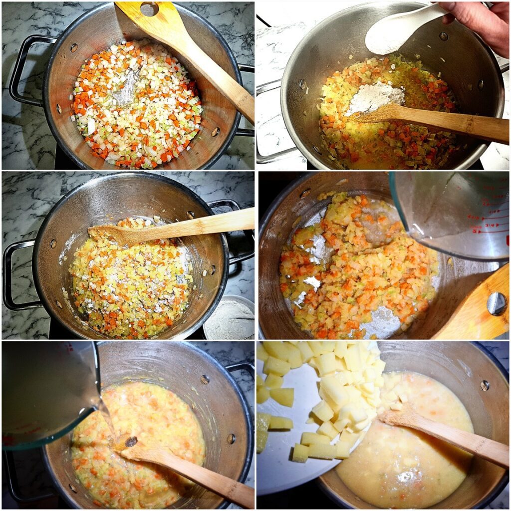 A collage of six different images showing the first few steps how to cook crab chowder
