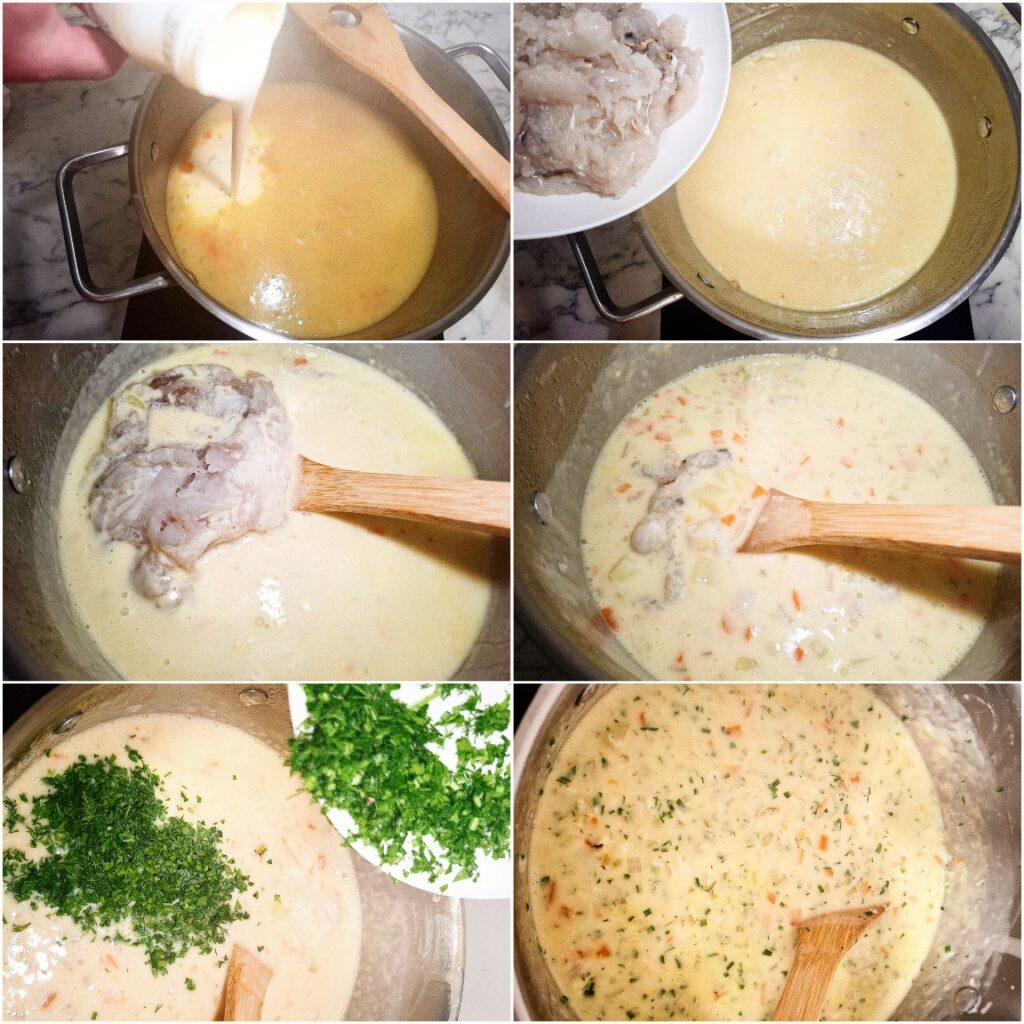 A collage of six pictures showing the last few steps in how to make crab chowder