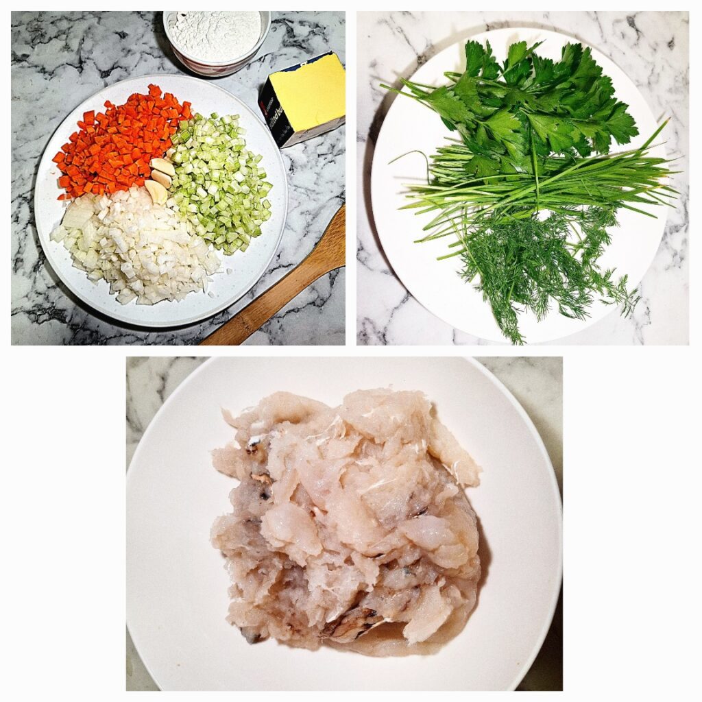 A collage of three pictures showing the main ingredients of crab and vegetable chowder recipe
