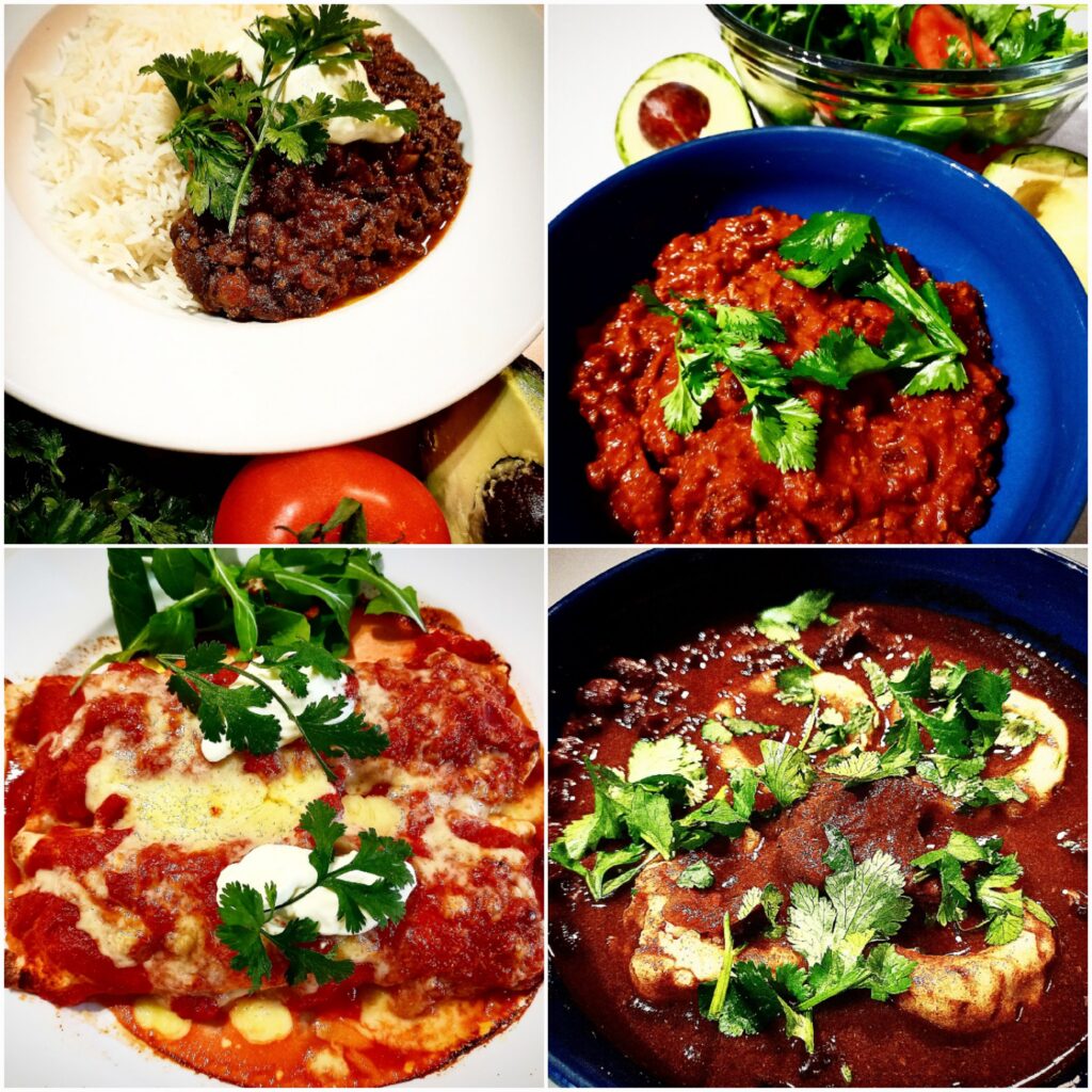 A collage of four pictures showing different ways to serve venison black bean chili