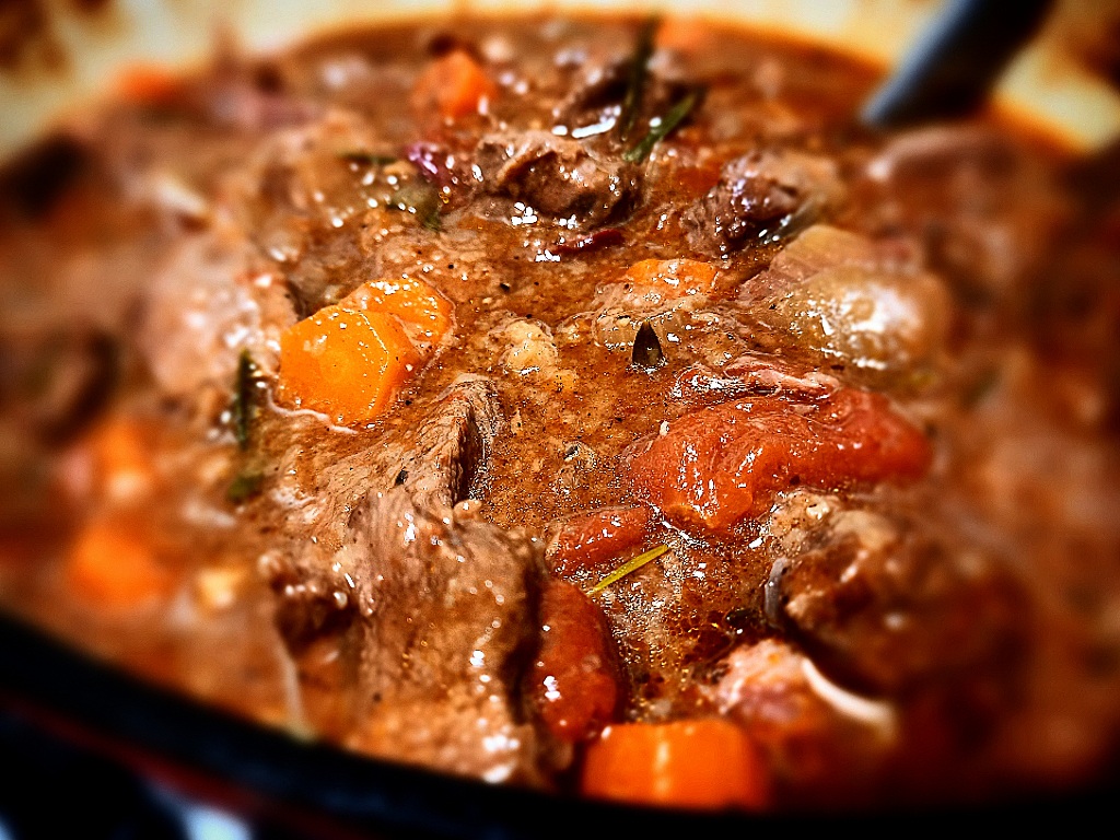Close up of a cooked venison stew in a dutch oven and a ladle