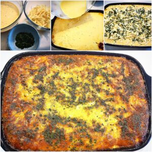A collage of four pictures showing how to make the creamy cheese topping