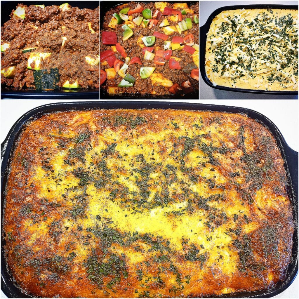 A collage of four pictures. Showing the mince sauce with all the vegetables folded through then topped with the creamy cheese sauce and last the finished baked dish