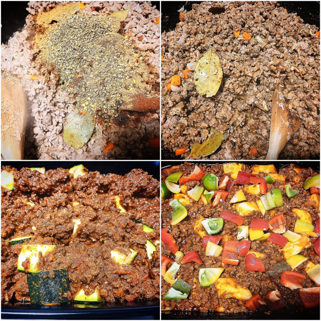 A collage of four pictures showing how to cook and flavor the lamb mince sauce
