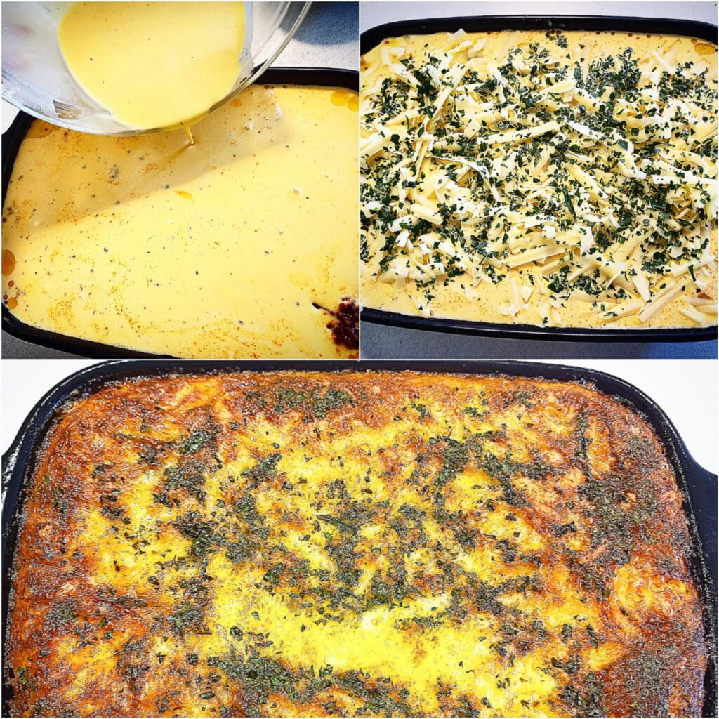 A collage of three pictures showing how to make the creamy cheese topping