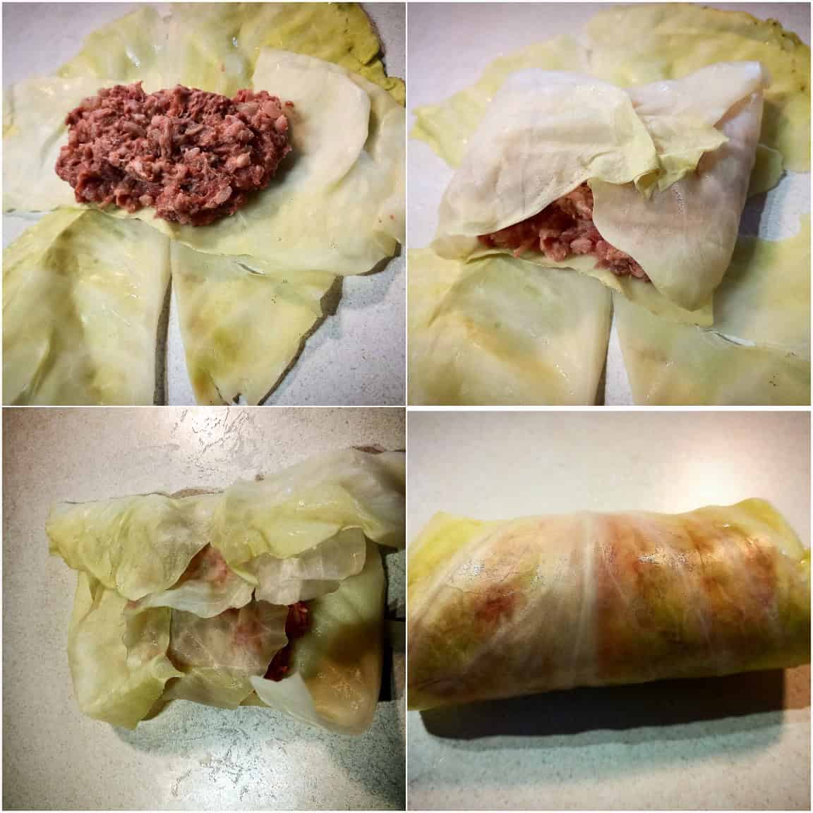 A collage of four pictures showing how to fold the meat filling into the cabbage leaves.