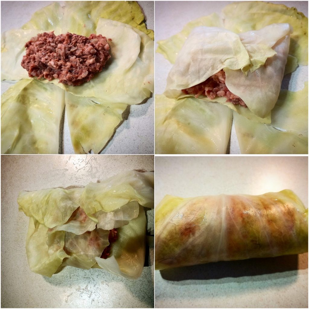 A collage of four pictures showing how to fold the meat filling into the cabbage leaves.