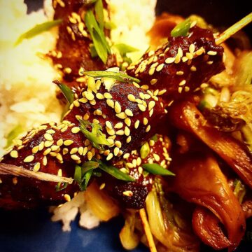 2 Wild duck skewers in hoisin sauce topped with sesame seeds. Served on top of steamed rice, sauteed oyster mushrooms and cabbage