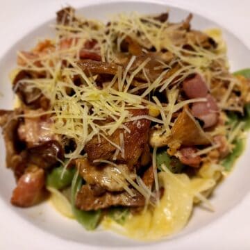 Pasta Boscaiola served in a white bowl plate. Topped with grated Parmesan cheese