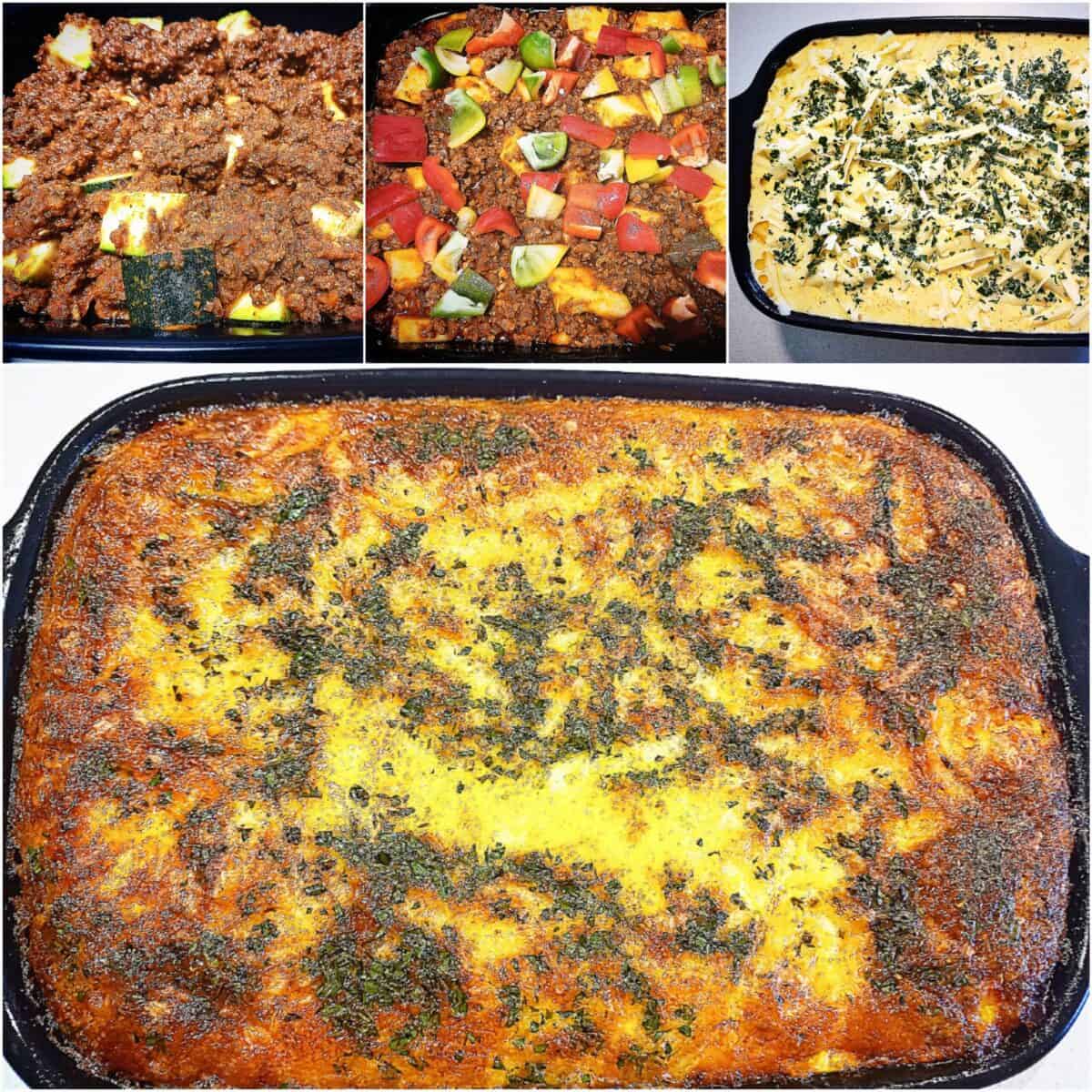 A collage of four pictures. Showing the mince sauce with all the vegetables folded through then topped with the creamy cheese sauce and last the finished baked dish