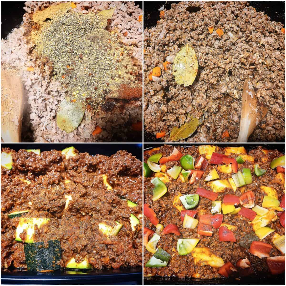 A collage of four pictures showing how to cook and flavor the lamb mince sauce