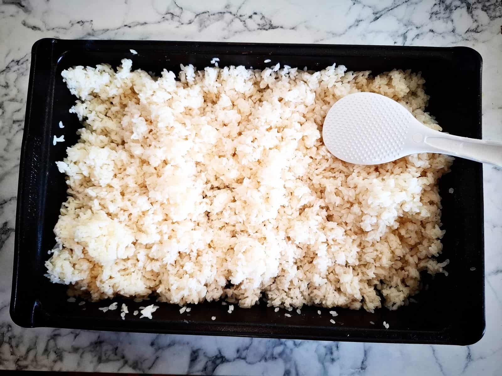 Sushi rice seasoned with sushi vinegar in a black oven tray. A white rice spoon holding up a spoon of rice