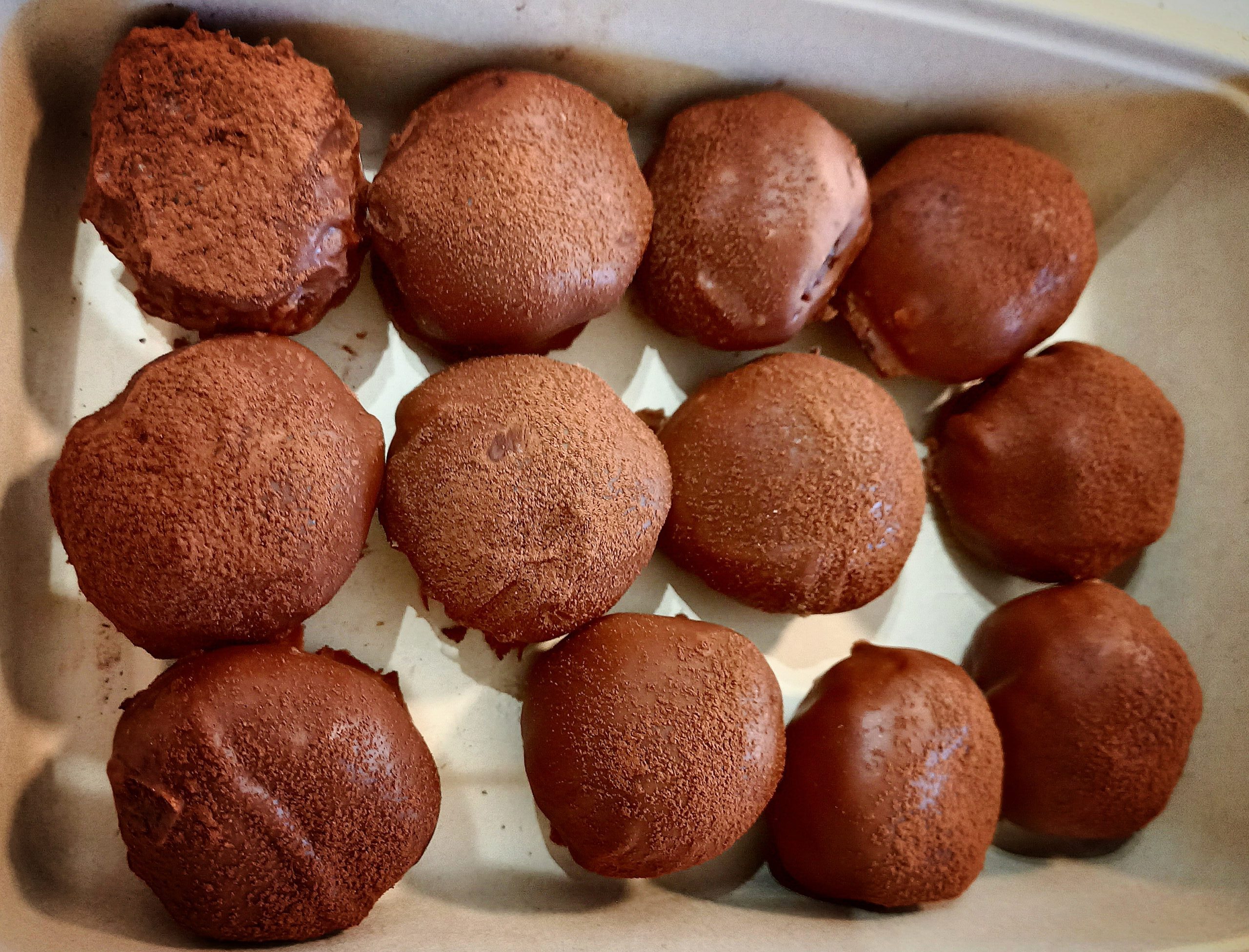Twelve chocolate truffle cake ball dusted with cocoa powder in a recycled take away container